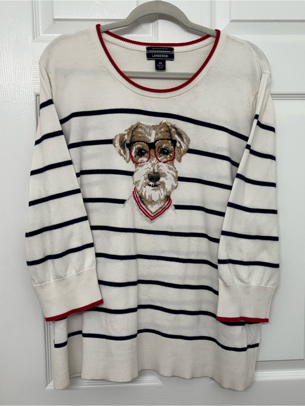 Lands End Women’s White Crewneck Sweater with Navy Stripes & Red Trim 2XL